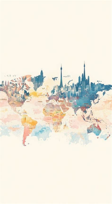 Minimalist Watercolor World Map Illustration Featuring Iconic City