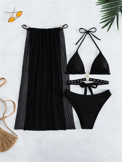 Swim SXY Summer Beach Mono Bikini Set Ring Linked Halter Triangle Bra Bikini Split Thigh