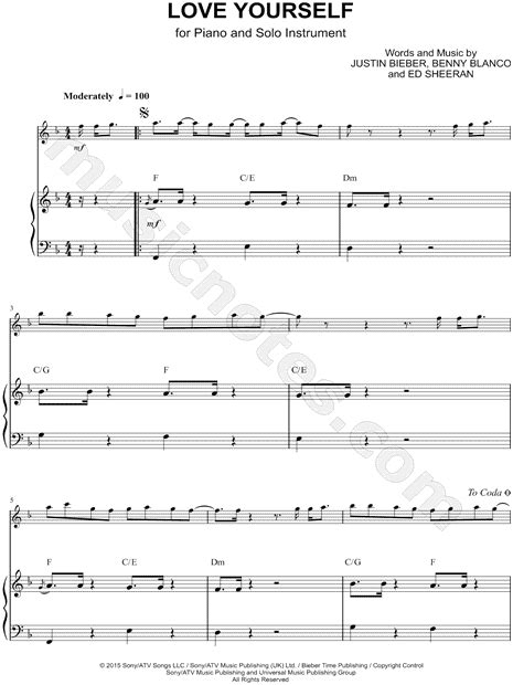 Justin Bieber Love Yourself Piano Accompaniment Sheet Music In F