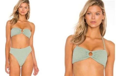 Nwt Pilyq Pq Aquarius S Ring Bandeau Bikini Swim Top Green Gold Chevron