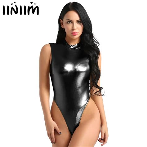 Women Bodysuit Sexy Clubwear One Piece Catsuit Shiny Metallic Lingerie