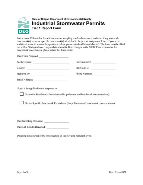 Oregon Industrial Stormwater Permits Tier 1 Report Form Fill Out Sign Online And Download Pdf