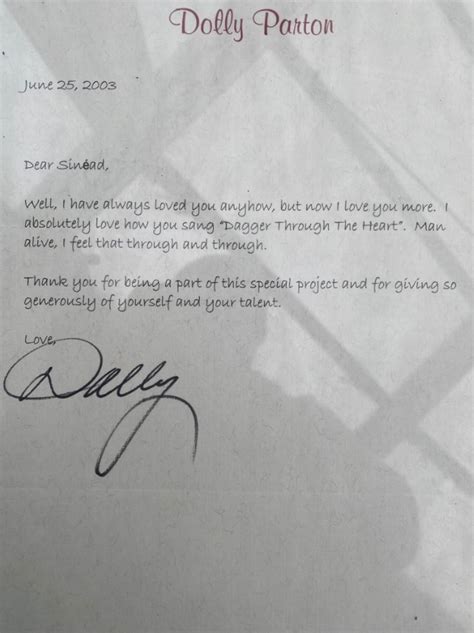 PHOTO Dolly Parton's Letter to Sinead O'Connor After Sinead Covered ...