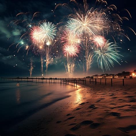 Premium Photo | 3d rendered happy new year fireworks at the beach