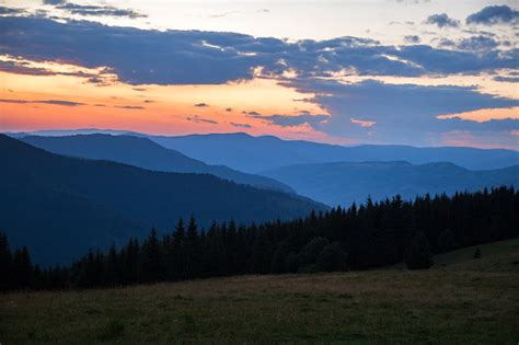 Redblue Sunset Haze In The Mountain Gorge Orangeblue Sunset In The