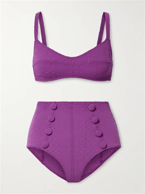 Lisa Marie Fernandez Net Sustain Button Embellished Seersucker Bikini In Blueberry Seersuc