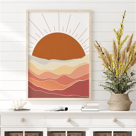 Boho Rising Sun Mountain Art Print Abstract Landscape Poster Etsy