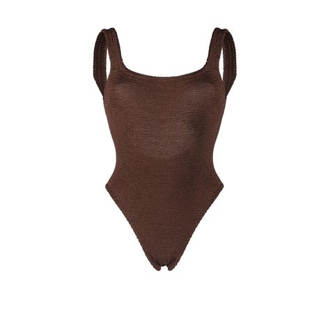 Hunza G Brown Classic Square Neck Crinkle Swimsuit Lyst Uk