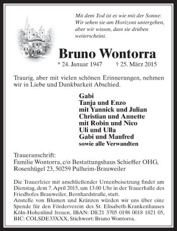 Traueranzeigen Von Bruno Wontorra WirTrauern