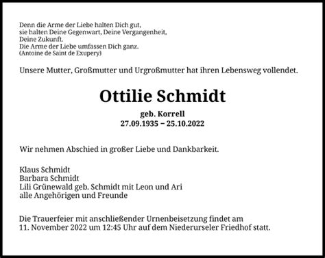 Traueranzeigen Von Ottilie Schmidt Trauer Rheinmain De