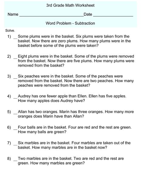 Math Grade 3 Worksheets Word Problems