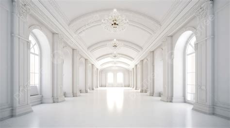 D Image Of A Long White Hallway With Arches And Chandelier Background