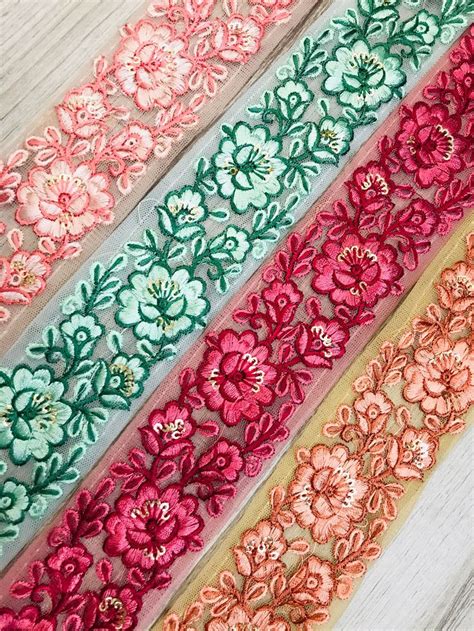 Buy Floral Design Net Fabric Trim Embroidered Trims Border Beige