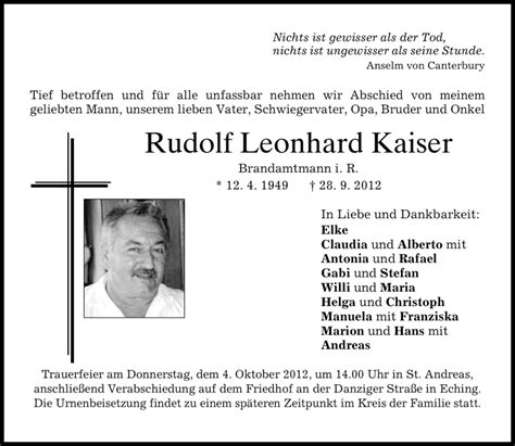 Traueranzeigen Von Rudolf Leonhard Kaiser SZ Gedenken De