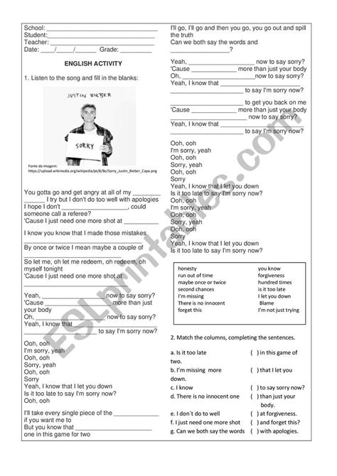 Song Sorry Justin Bieber Esl Worksheet By Leialima