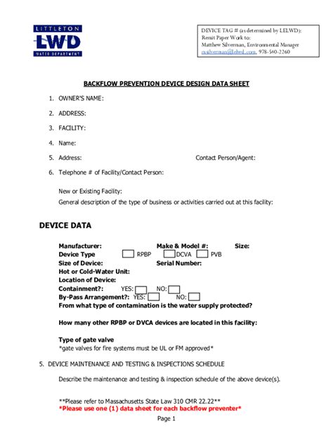 Fillable Online Backflow Prevention Device Design Data Sheet Fax Email Print Pdffiller