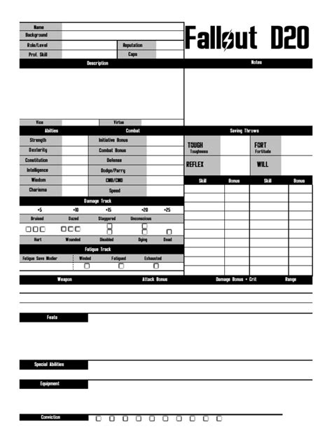 Fallout D20 Form Fillable Character Sheet Printable Forms Free Online