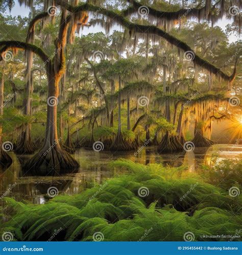 Southern Bayou Swamp With Bald Cypress Trees And Spanish Moss At Stunning Scenic Landscape Stock