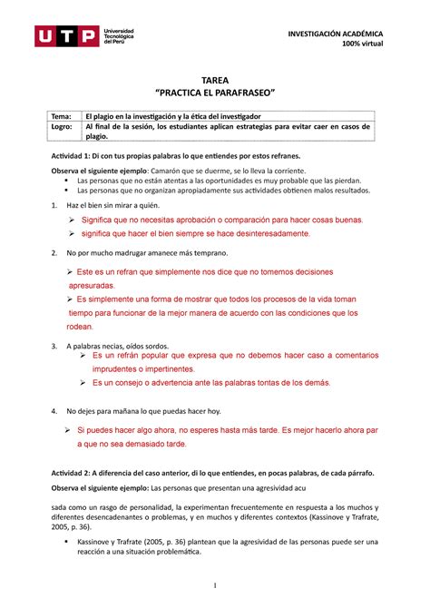 Semana Practica El Parafraseo Tarea Practica El Parafraseo