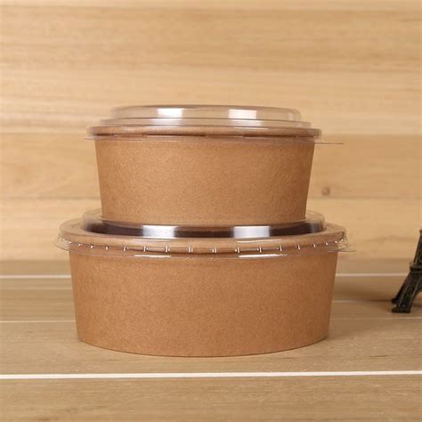 Disposable Take Away Kraft Paper Salad Bowl With Pet Lid Kraft Paper Bowl