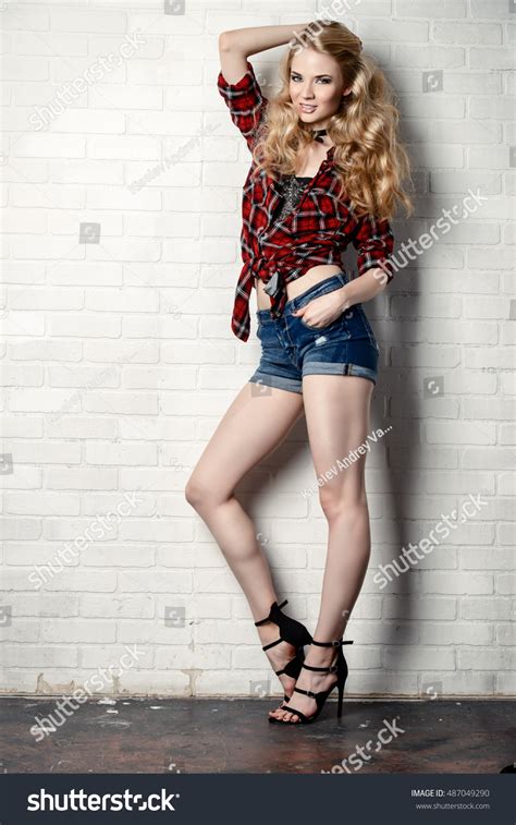 Sexual Blonde Girl Jeans Shorts Checkered Stock Photo Shutterstock