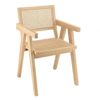 Fauteuil bois dHévéa assise tissu blanc dossier rotin naturel Albane