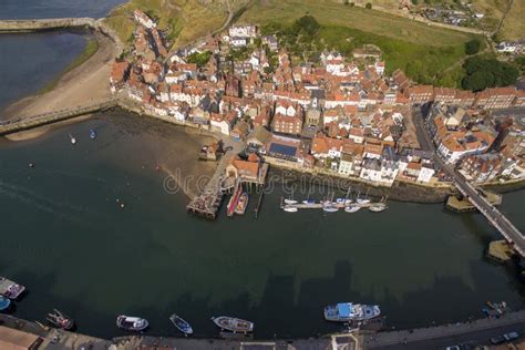 Aerial View Of Whitby Yorkshire Seaside Town Resort And Fishing Port