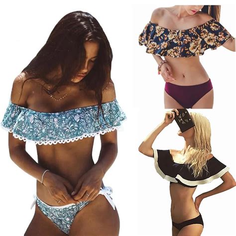 2017 Sexy Ruffle Bikini Off Shoulder Bikinis Women Bandeau Thong Bottow