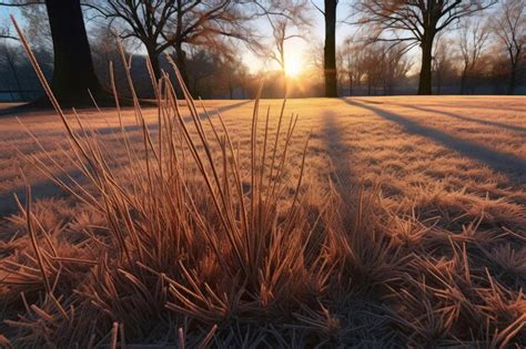 Premium AI Image Frosty Grass Blades Casting Long Shadows Created