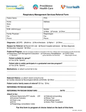 Fillable Online Respiratory Management Services Referral Form Fax Email