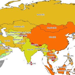 Barplots showing the arial-based metrics for 40 Asian countries ...