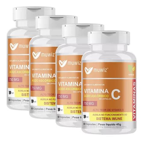 Suplemento En Cápsula Muwiz Vitamina C Ácido Ascórbico 60 Cápsulas 750mg Muwiz 4 Potes Sabor