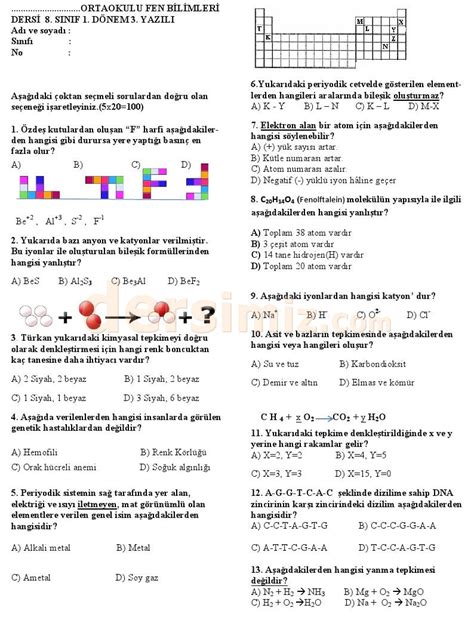 8 Sınıf Fen Bilimleri Dersi 1 Dönem 3 Yazılı Sınav Soruları Soru