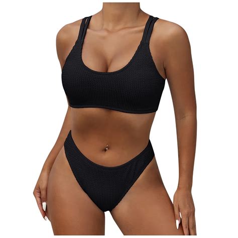 Zqgjb Women S Ribbed Bikini Sets Scoop Neck Cheeky Swimsuit High Waist Textured Two Piece Two