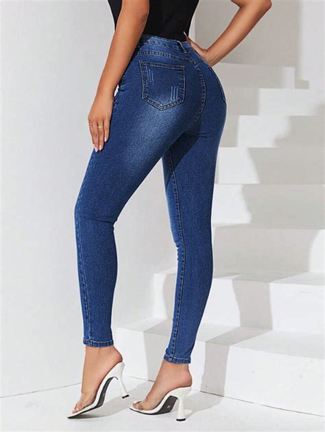 SHEIN Essnce Calça jeans feminina de corte justo forro de lã de cor