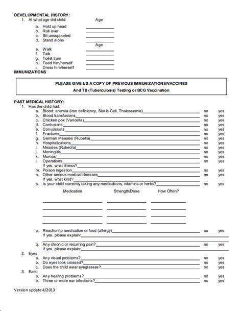 Pediatric Medical History Form Printable