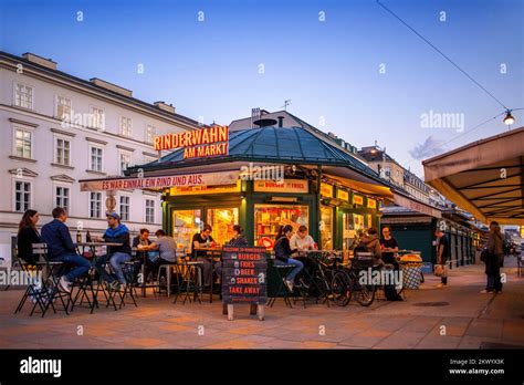 Restaurants at Naschmarkt market in Vienna, Austria. The Naschmarkt in ...