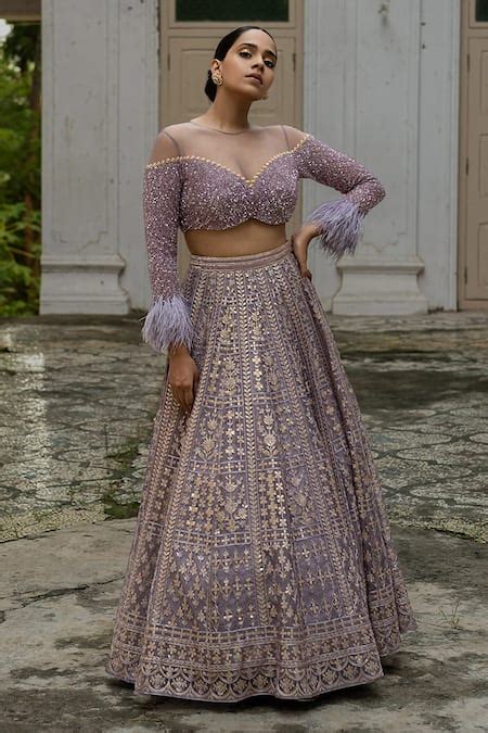 Buy Purple Organza Embroidery Foil Round Lehenga Set For Women By Amrin