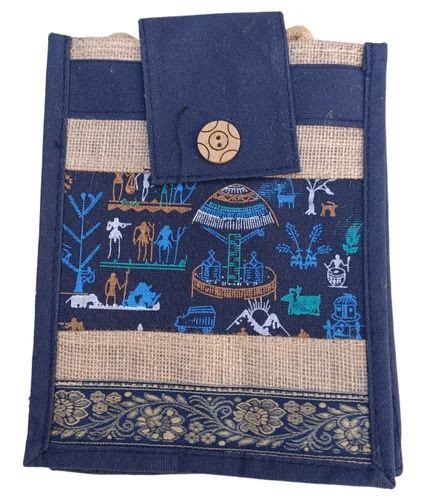 Loop Handle Open Blue Printed Jute Carry Bag Size Dimension 10x12x6