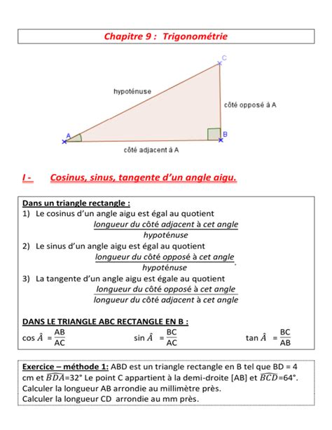 Chapitre Trigonom Trie I Cosinus Sinus Tangente D Un Angle Aigu