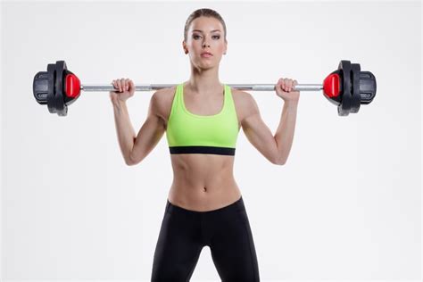 859244 4K 5K 6K 7K Fitness Gray Background Barbell Blonde Girl