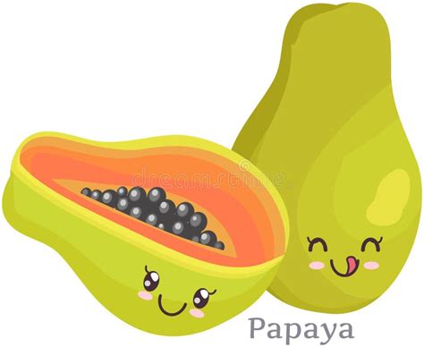 Cute Papaya Sticker Kawaii Character Icon Vector Design Adorable Cute