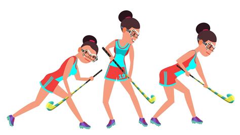 Field Hockey Female Player Vector Dribbling Ball In Action Poses