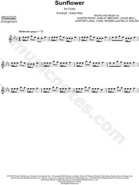 Flutorials Sunflower Excerpt Easy Sheet Music Flute Solo In Eb