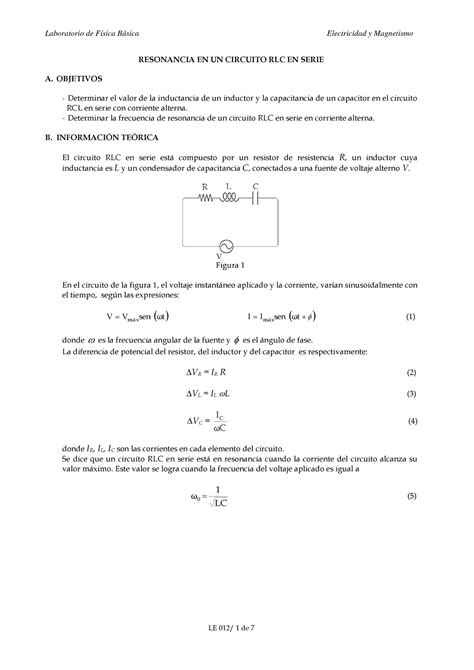 LE 012 Resonancia En Un Circuito RLC En Serie RESONANCIA EN UN