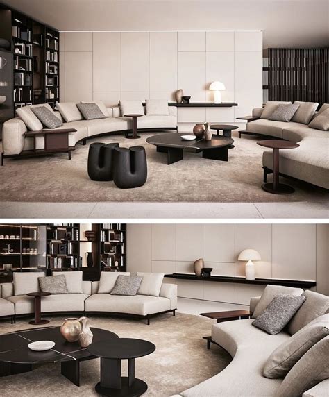 Two Pictures Of A Living Room With Couches Tables And Bookshelves In It