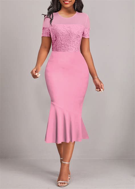 Pink Lace Short Sleeve Round Neck Bodycon Dress Modlily Usd