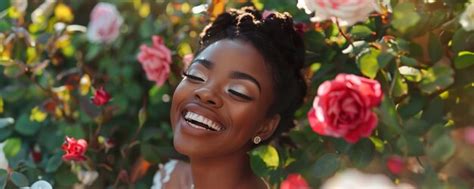 Premium Photo Smiling Woman Surrounded By Vibrant Roses In A Sunlit