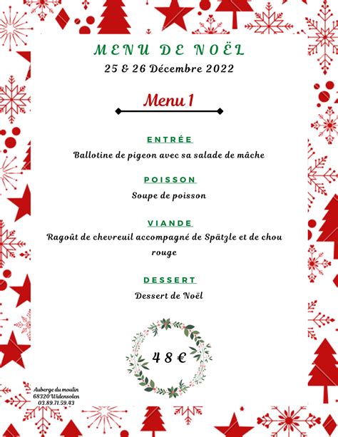 Menus de Noël Auberge du Moulin