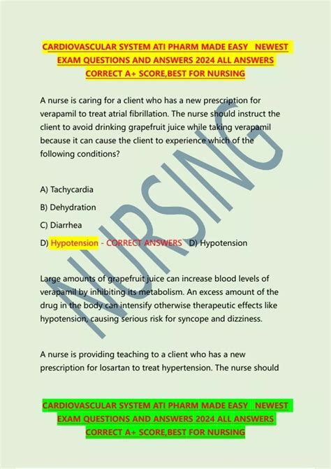 CARDIOVASCULAR SYSTEM ATI PHARM MADE EASY NEWEST EXAM QUESTIONS AND